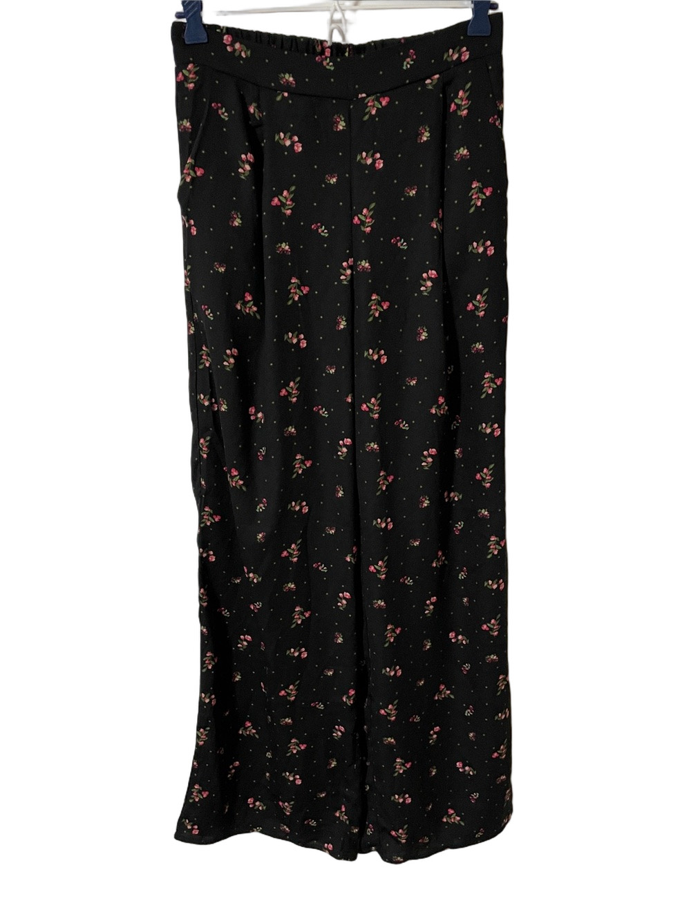 Band of Gypsies Black Wide-Leg Pants with Pink Floral Print Size Small
